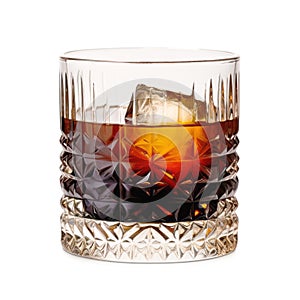 A Black Russian cocktail in crystal-clear glass sits against a white background