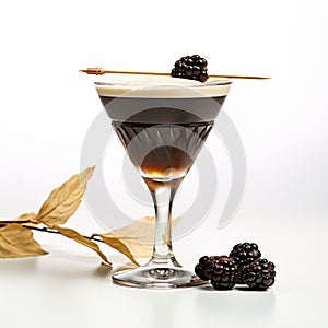 A Black Russian cocktail in crystal-clear glass sits against a white background