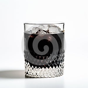 A Black Russian cocktail in crystal-clear glass sits against a white background