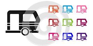 Black Rv Camping trailer icon isolated on white background. Travel mobile home, caravan, home camper for travel. Set
