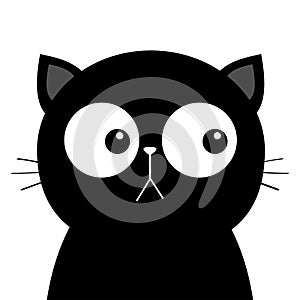 Black sad cat head face with big eyes. Cute cartoon kawaii funny character. Pet baby print collection. Flat design. White