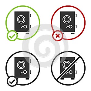 Black Safe icon isolated on white background. The door safe a bank vault with a combination lock. Reliable Data