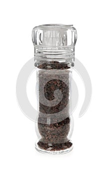 Black salt in grinder isolated on white