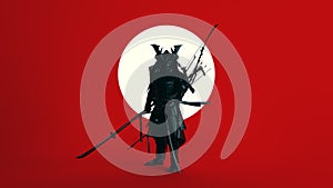 Black Samurai Polygon Form with Large White Sun Sphere Circle with Red Background