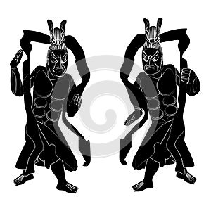 Black samurai silhouettes on a white background.