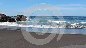 Black sand Beach - blue sky, ocean, waves - seascape