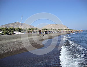 The black sand beach on the Greek island of Santorini