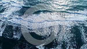 The black sand beach in Iceland. Sea aerial view and top view. Amazing nature, beautiful backgrounds and colors