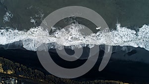 The black sand beach in Iceland. Sea aerial view and top view. Amazing nature, beautiful backgrounds and colors