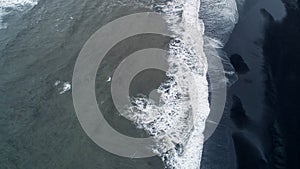 The black sand beach in Iceland. Sea aerial view and top view. Amazing nature, beautiful backgrounds and colors