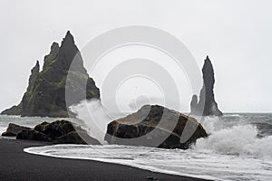 black sand beach Reynisfjara and Reynisdrangar in southern Iceland