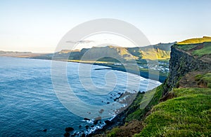 Black sand beach, Reynisfjara shore near the village Vik, atlantic ocean, Iceland