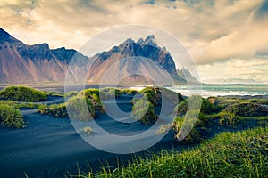 Black sand dunes on the Stokksnes headland on southeastern Icelandic coast.