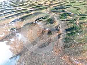 The black sand on the river forms a unique texture