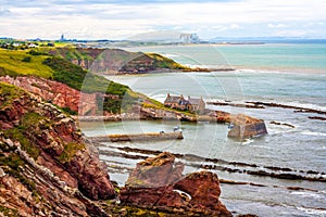 Berwickshire Coastal Path, view on the Cove Bay, Scotland, UK