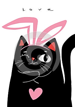 Black sarcastic rabbit cat with pink heart, moody Valentines day greeting card, poster, banner and other, hand drawn funny