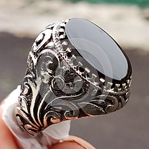 Black Sard Chalcedony Gemstone On Ring