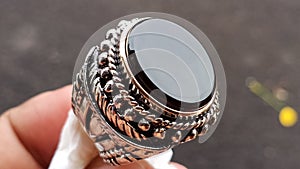 Black Sard Chalcedony Gemstone On Ring