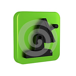 Black Satellite dish icon isolated on transparent background. Radio antenna, astronomy and space research. Green square