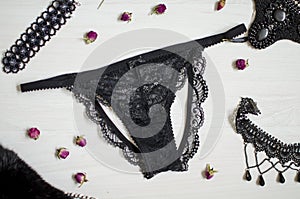 Black saxy underwear on the white background. Lace panties with