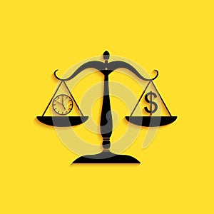 Black Scale weighing money and time icon isolated on yellow background. Scales with hours and a coin. Balance between