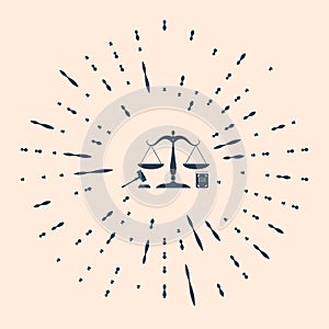 Black Scales of justice, gavel and book icon isolated on beige background. Symbol of law and justice. Concept law. Legal
