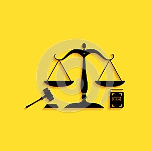 Black Scales of justice, gavel and book icon isolated on yellow background. Symbol of law and justice. Concept law