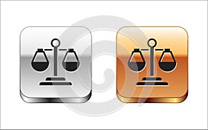 Black Scales of justice icon isolated on white background. Court of law symbol. Balance scale sign. Silver and gold
