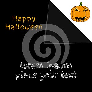 Black scarry Halloween card with a pumpkin and place for text. photo