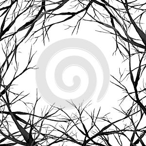 Black scary forest, large branches frame, watercolor illustration, background