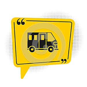 Black School Bus icon isolated on white background. Public transportation symbol. Yellow speech bubble symbol. Vector