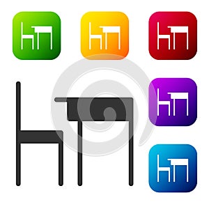 Black School table and chair of classroom icon isolated on white background. School desk. Set icons in color square