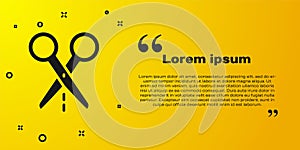 Black Scissors with cut line icon isolated on yellow background. Tailor symbol. Cutting tool sign. Vector