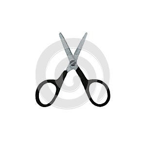 Black scissors cut watercolor illustration isolated. Object on white background.Aquarell scissors isolated.