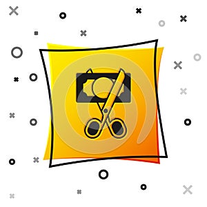 Black Scissors cutting money icon isolated on white background. Price, cost reduction or price reduction icon concept