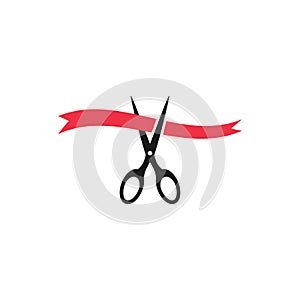 Black scissors cutting red ribbon, inauguration event vector icon