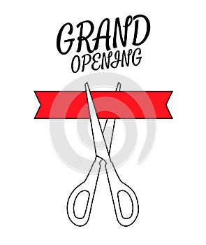 Black scissors cutting the red ribbon. Mockup for announcement. Icon isolated on white background. Vector illustration