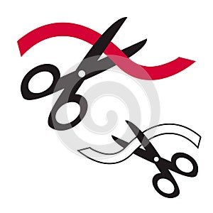 Black scissors cutting red ribbon tape isolated on white background. Vector icon concept of Grand opening. Simple flat