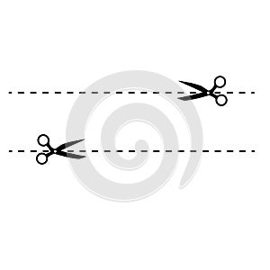 Black scissors and dotted cut lines. Isolated on white background. Icon. Vector