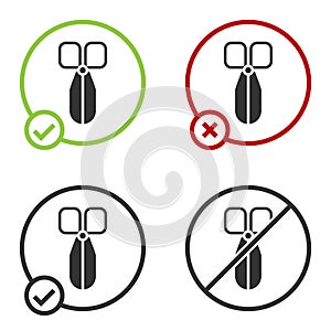 Black Scissors icon isolated on white background. Cutting tool sign. Circle button. Vector Illustration