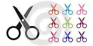 Black Scissors icon isolated on white background. Cutting tool sign. Set icons colorful. Vector Illustration