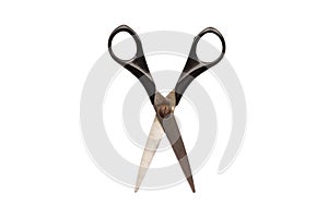 Black scissors isolated on white, close up