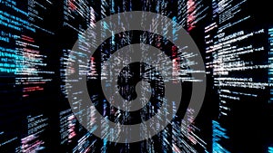 Black screen with programming language code running with glitch effect, seamless loop. Animation. System engineering