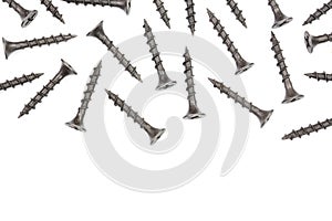 Black screws isolated on white background with copy space for your text. Top view.