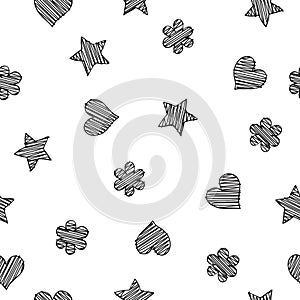 Black scribble shapes on white background, minimalistic concept seamless pattern