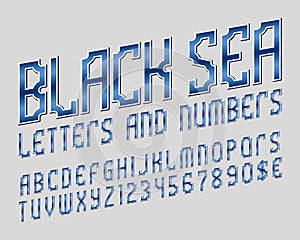 Black Sea alphabet with numbers and currency symbols. Gaming stylized font