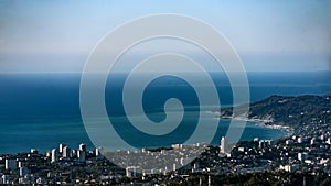 Black Sea and bright blue sky. View from Akhun mountain. Sochi, Russia