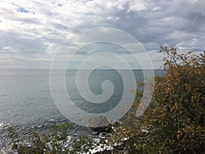 Black Sea on a cloudy autumn day. Boats. Alupka