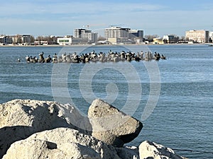 The Black Sea coast in Constanta city, Romania with tetrapods to protect the city