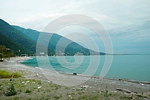 Black Sea Coast of Old Gagra, Gagra coast, green mountains, emerald sea, coastal zone. Abkhazia